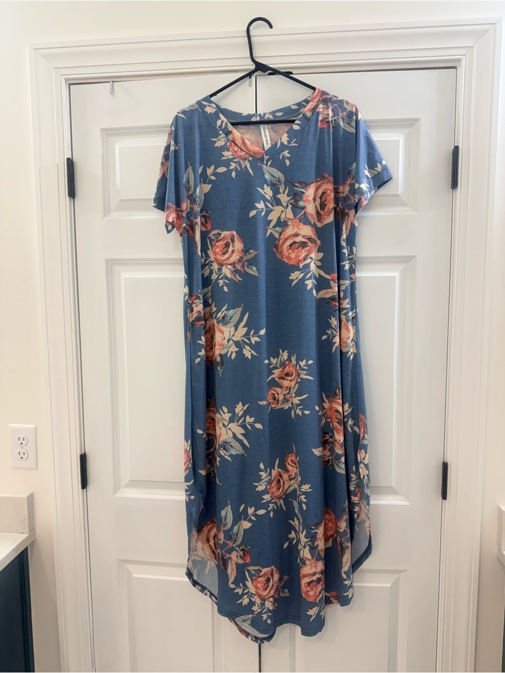 Tickled Teal Dusty Blue Rose-Print High-Low Maxi Dress